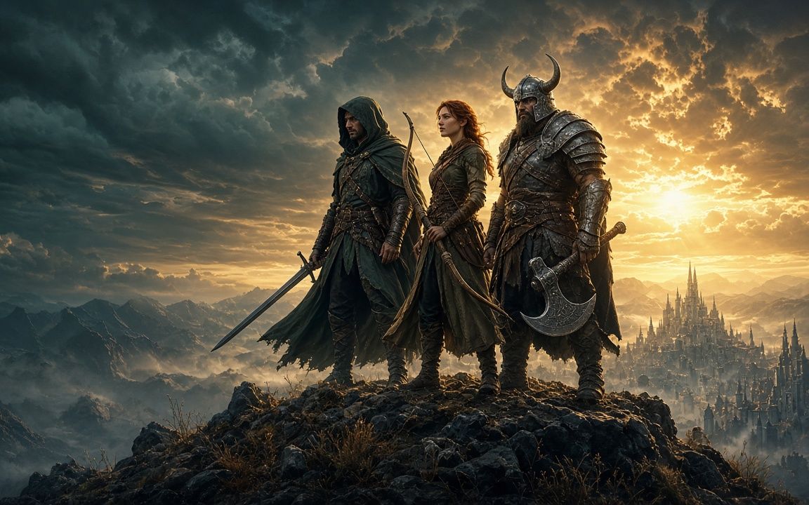Fantasy adventurers on a hilltop at sunset